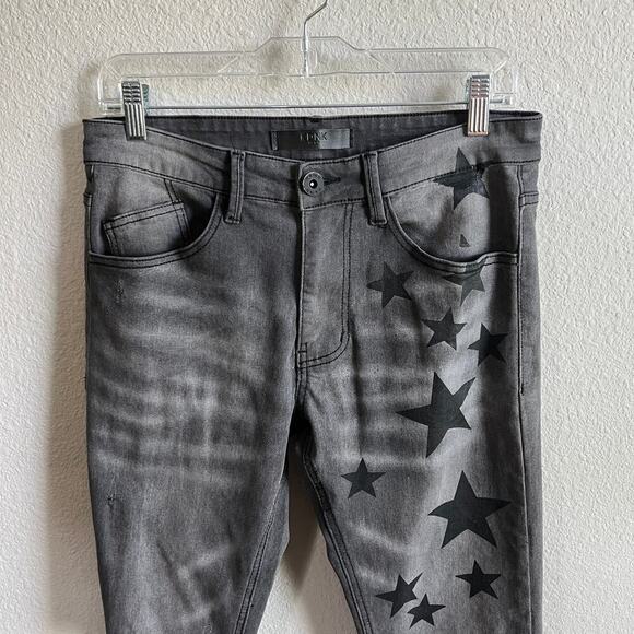 KDNK 11 4 14 11 Gray Black Star Skinny Jeans Men's 30x29 Low Rise Distressed - Picture 2 of 6